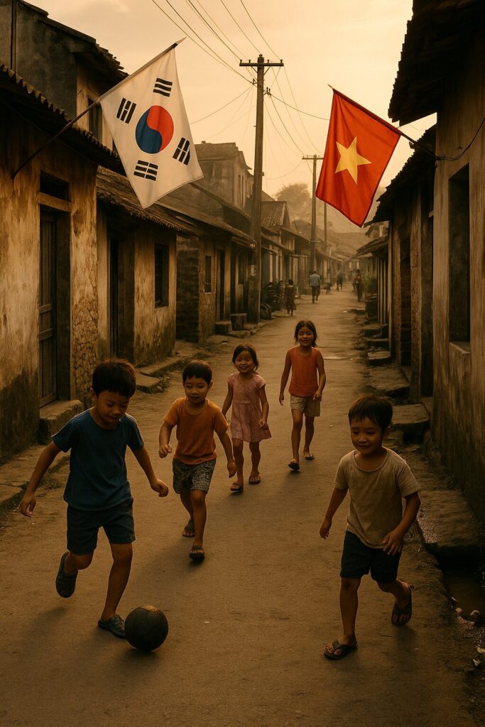 골목에서 축구 놀이를 하는 한국 베트남 아이들